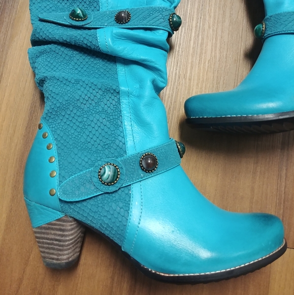 L'artiste Spring Step Boots Genuine Leather Promenade Turquoise Blue Green LNWB - Picture 2 of 13